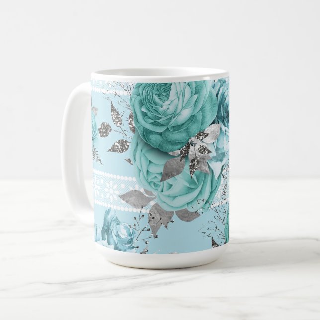 Blue Roses Lace Coffee Mug (Front Left)