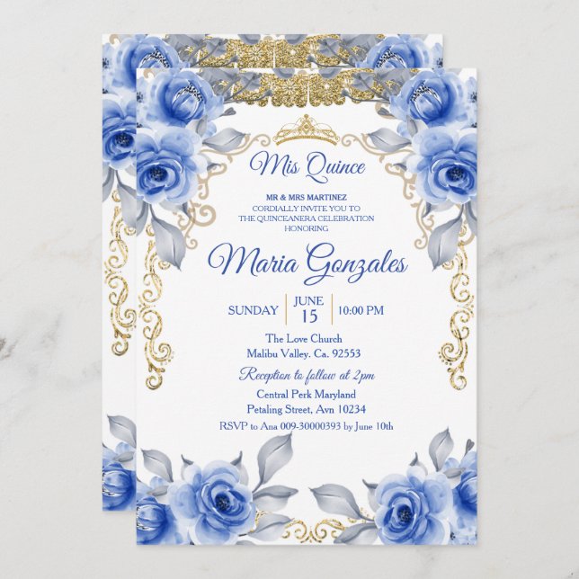 Blue Roses Mexican Mis Quince Princess Quinceanera Invitation (Front/Back)