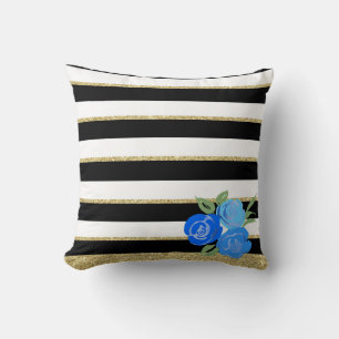 Blue Roses on Black, White, Gold Stripes Cushion