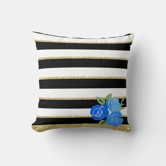 Blue Roses on Black, White, Gold Stripes Cushion (Front)
