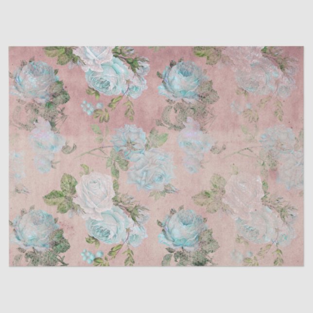 Blue Roses on Blush Pink Decoupage Tissue Paper (Front)