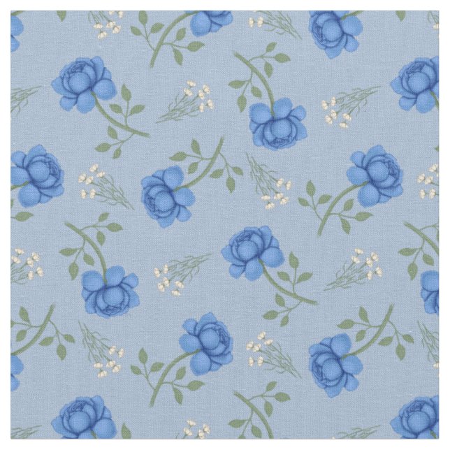 Blue Roses on Light Blue Calico Fabric (Close Up)