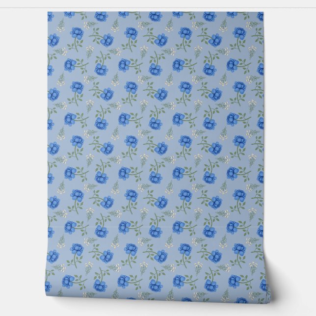 Blue Roses on Light Blue Calico Wallpaper (Unrolling)