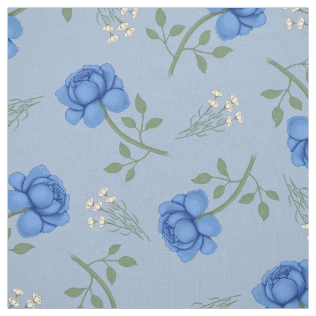 Blue Roses on Light Blue Oversized Calico Fabric (Swatch)