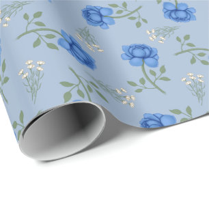 Blue Roses on Light Blue Oversized Calico Wrapping Paper