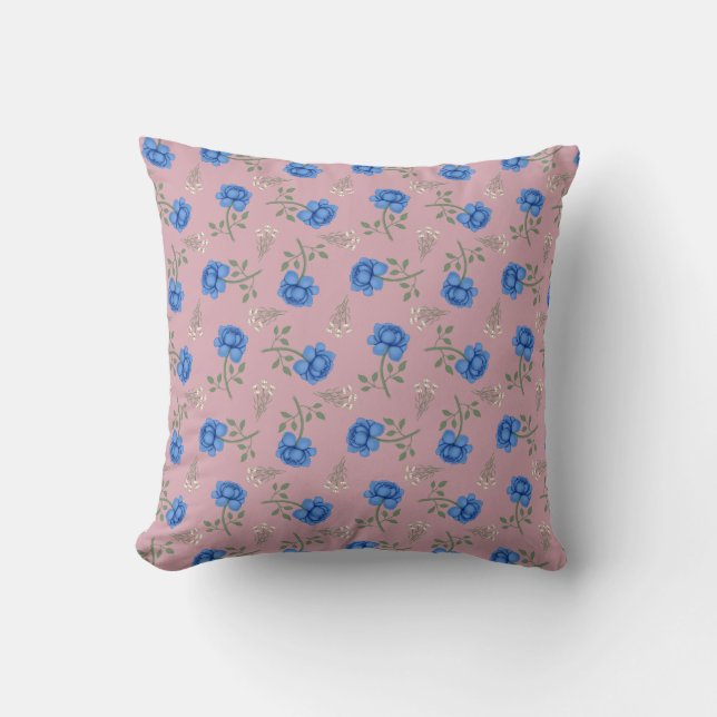 Blue Roses on Pink Oversized Calico Cushion (Front)