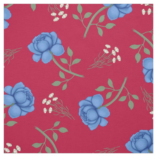 Blue Roses on Red Oversized Calico Fabric (Swatch)