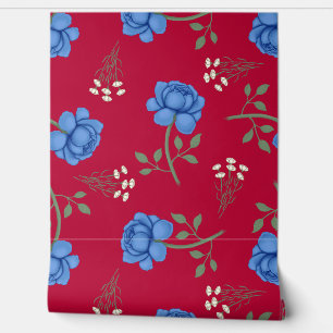 Blue Roses on Red Oversized Calico Wallpaper
