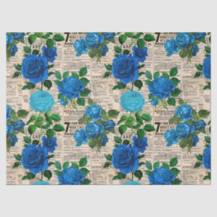 Blue Roses on Vintage Newsprint Decoupage Tissue Paper