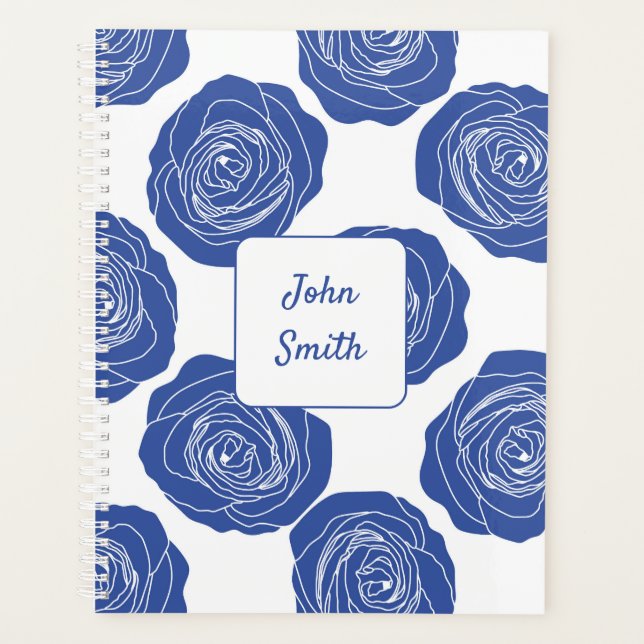 Blue Roses on White_ Floral Pattern Script Planner (Front)