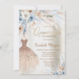 Blue Roses Pampas Grass Dress Quinceanera Invitation