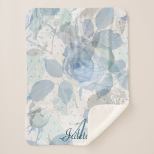 Blue Roses pattern Monogram Sherpa Blanket
