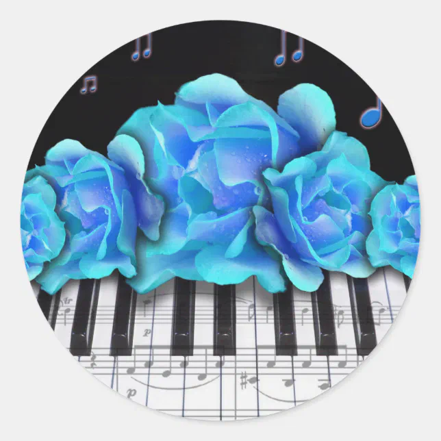 Blue Roses Piano Keyboard and Music Notes Classic Round Sticker | Zazzle