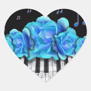 Blue Roses Piano Keyboard and Music Notes Heart Sticker