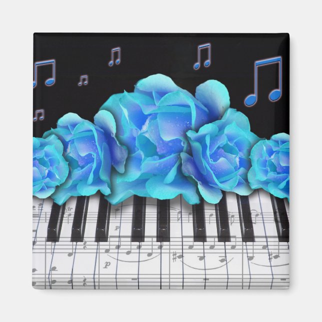 Blue Roses Piano Keyboard and Music Notes Magnet (Front)