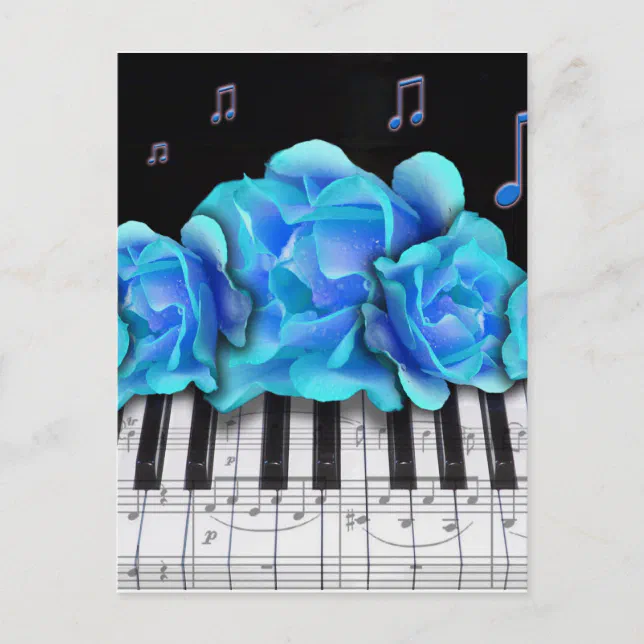 Blue Roses Piano Keyboard and Music Notes Postcard | Zazzle