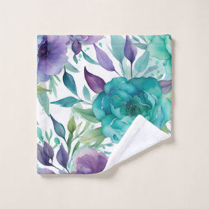 Blue Roses Purple Watercolor Blooms  Bath Towel Set