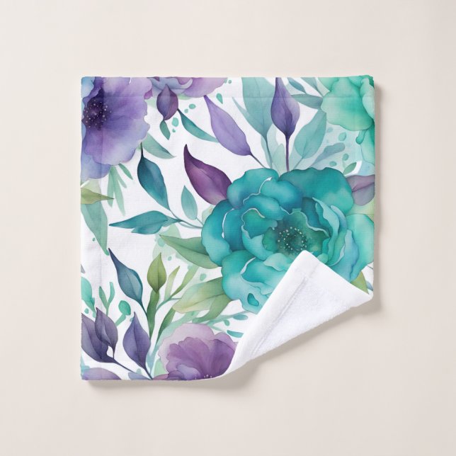 Blue Roses Purple Watercolor Blooms  Bath Towel Set (Wash Cloth)