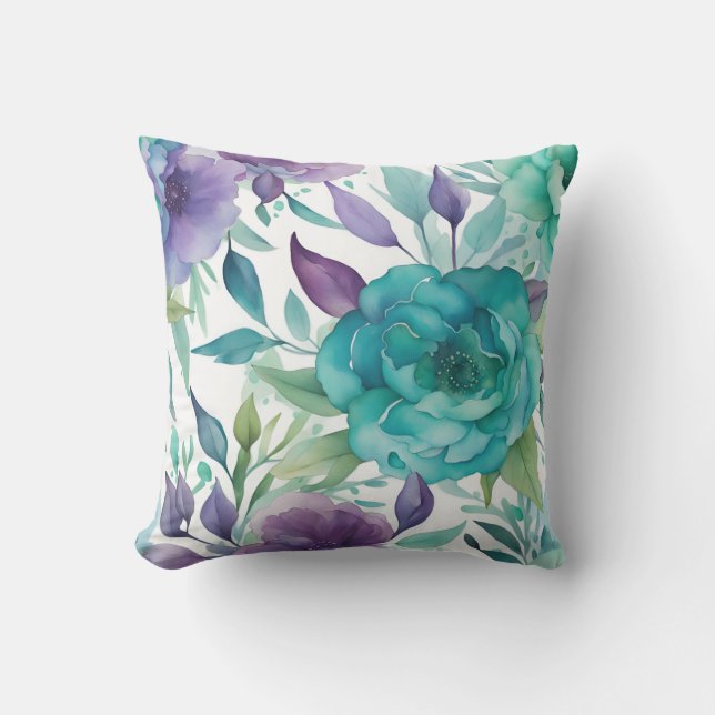 Blue Roses Purple Watercolor Blooms  Cushion (Front)