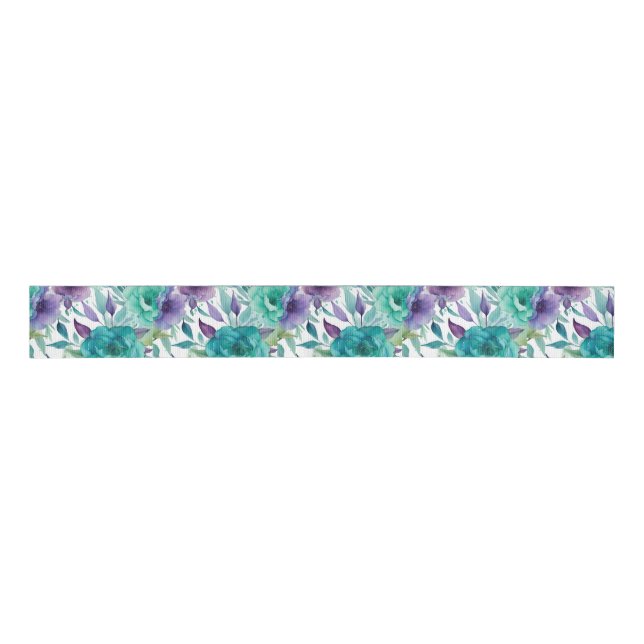 Blue Roses Purple Watercolor Blooms  Grosgrain Ribbon (Front)