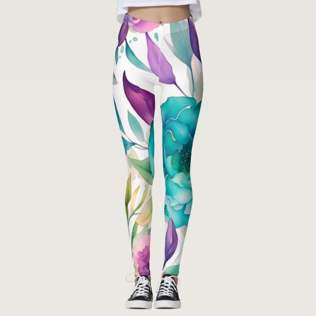 Blue Roses Purple Watercolor Blooms  Leggings (Front)