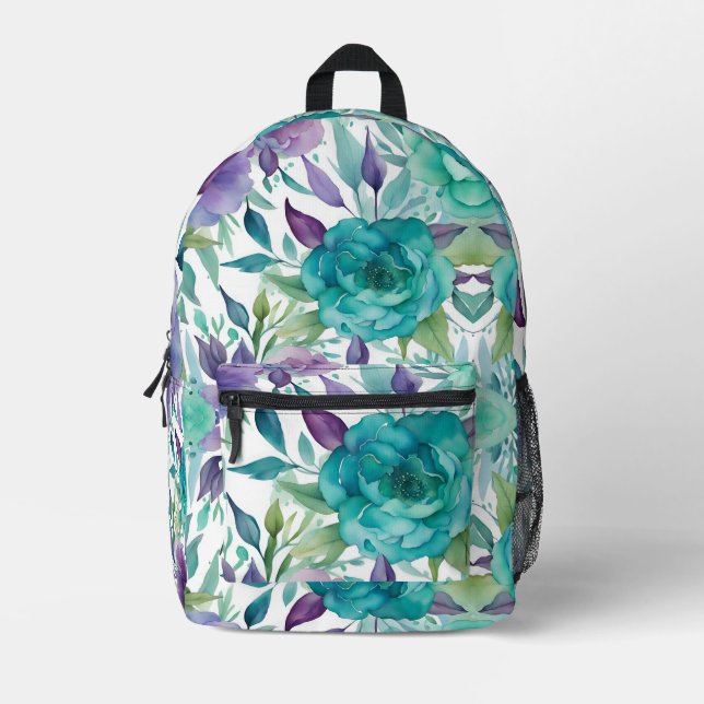 Blue Roses Purple Watercolor Blooms  Printed Backpack (Front)