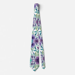 Blue Roses Purple Watercolor Blooms Tie