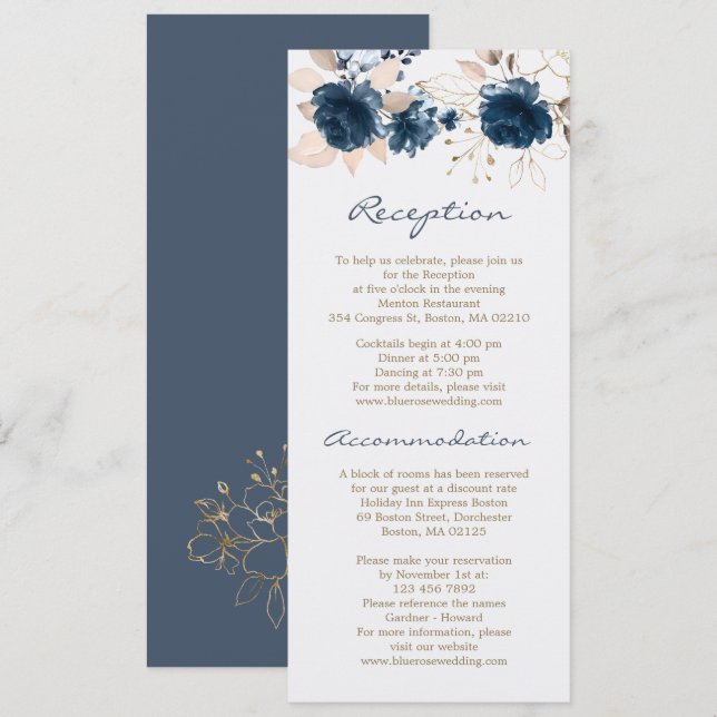 Blue roses Reception, Wedding hotel accommodation Invitation (Front/Back)