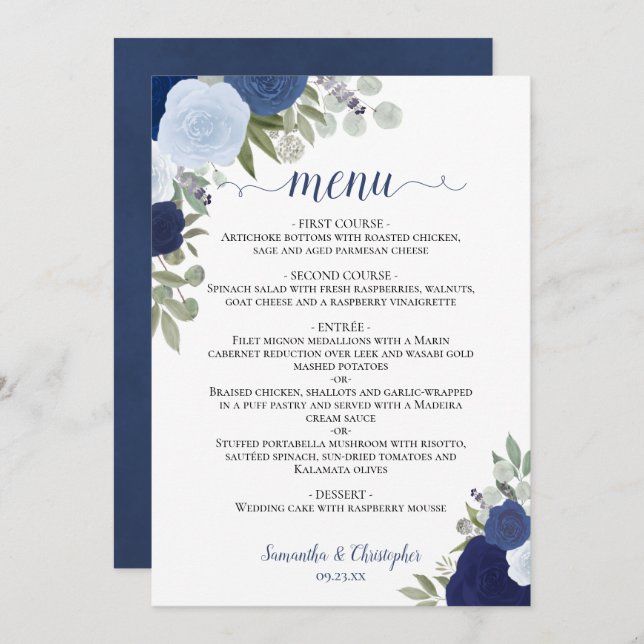 Blue Roses Rustic Boho Floral Elegant Wedding Menu (Front/Back)