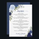 Blue Roses Rustic Boho Floral Elegant Wedding Menu<br><div class="desc">This beautiful wedding menu features a rustic boho chic floral design with script calligraphy lettering and hand painted watercolor roses in shades of dusty blue, navy, and azure. The text is completely customisable with space for the couple's name & wedding date. Elegant, stylish, and chic, this card is a great...</div>