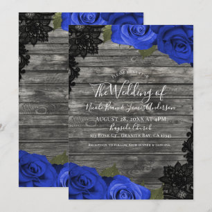 Blue Roses Rustic Wood Black Lace Wedding Invitation