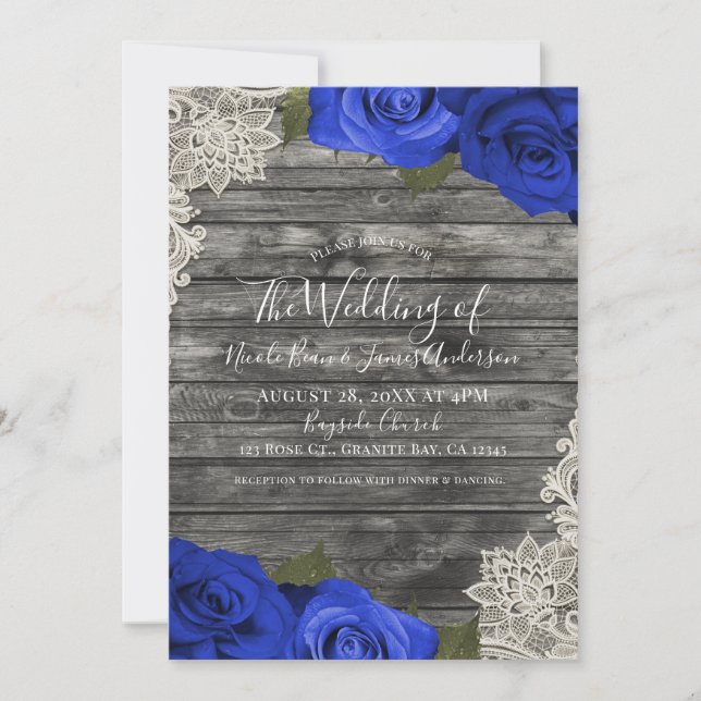 Blue Roses Rustic Wood Cream Ivory Lace Wedding Invitation (Front)
