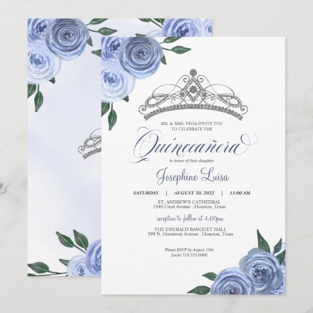 Blue Roses Silver Floral Quinceañera Birthday Invi Invitation (Front/Back)