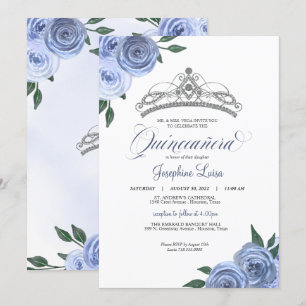 Blue Roses Silver Floral Quinceañera Birthday Invi Invitation