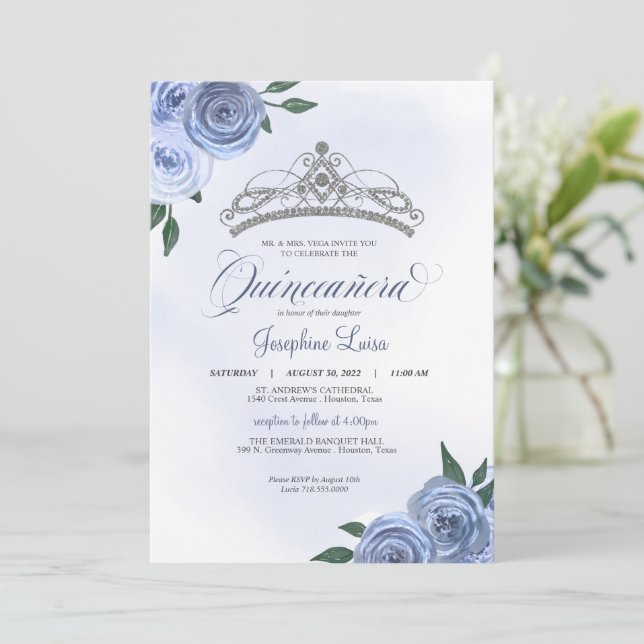 Blue Roses Silver Floral Quinceañera Birthday Invitation (Standing Front)