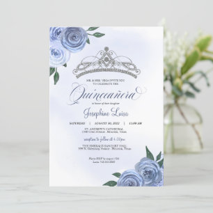 Blue Roses Silver Floral Quinceañera Birthday Invitation