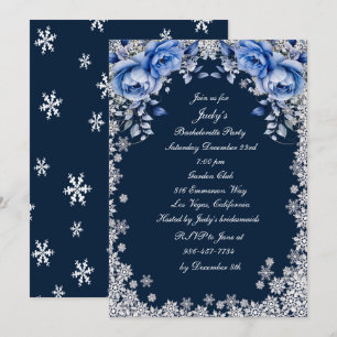 Blue Roses Snowflake Christmas Bachelorette Party Invitation