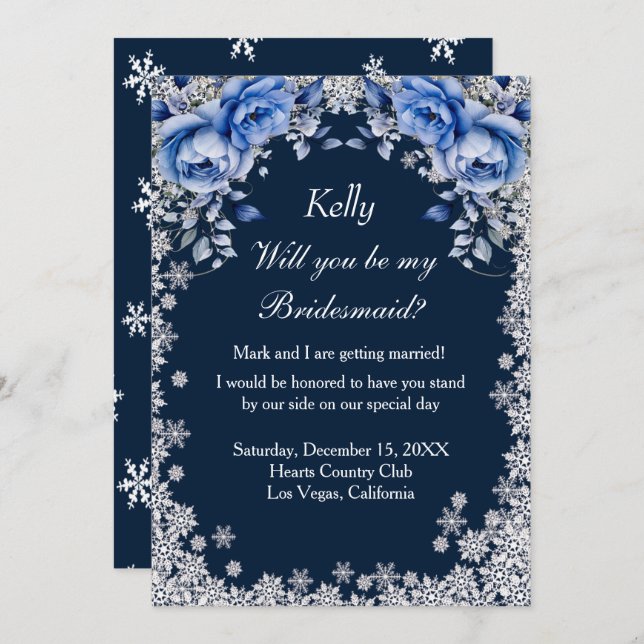 Blue Roses Snowflake Christmas Bridesmaid Invitation (Front/Back)