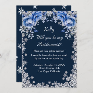Blue Roses Snowflake Christmas Bridesmaid Invitation