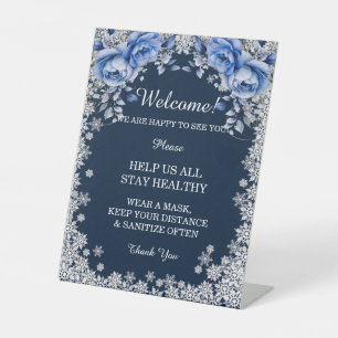 Blue Roses Snowflake Christmas Safety Measures Pedestal Sign