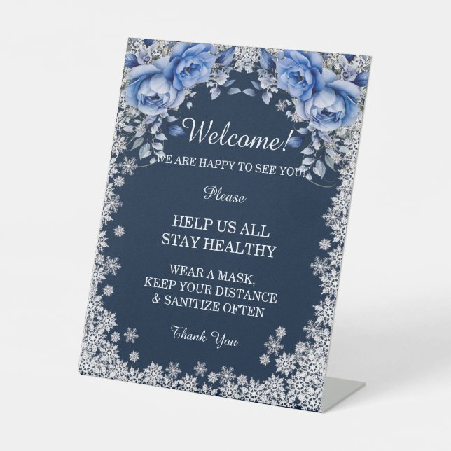 Blue Roses Snowflake Christmas Safety Measures Pedestal Sign (Front)