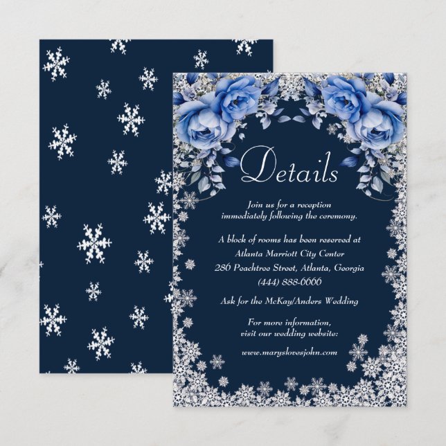 Blue Roses Snowflake Christmas Wedding Details Enclosure Card (Front/Back)