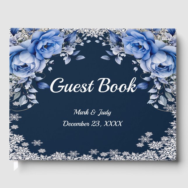 Blue Roses Snowflake Christmas Wedding Guest Book (Front)