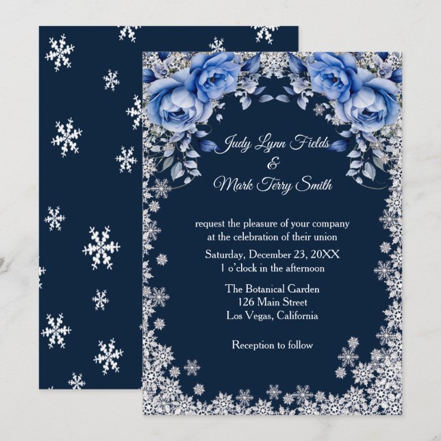 Blue Roses Snowflake Christmas Wedding Invitation (Front/Back)