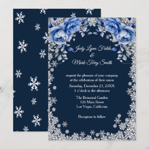 Blue Roses Snowflake Christmas Wedding Invitation