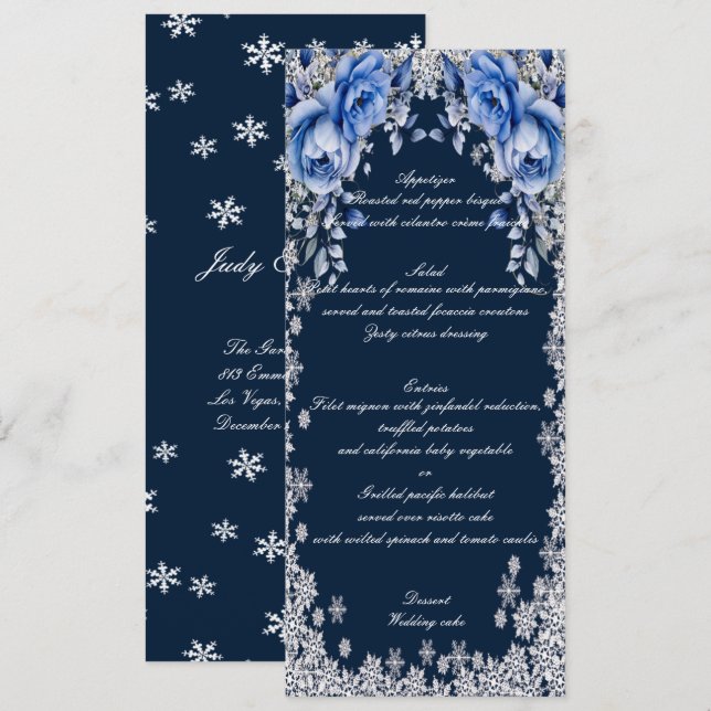 Blue Roses Snowflake Christmas Wedding Menu (Front/Back)