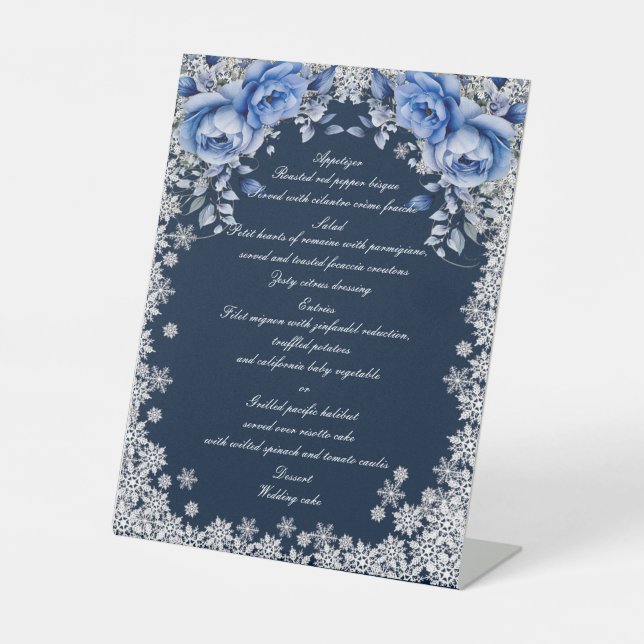 Blue Roses Snowflake Christmas Wedding Menu Pedestal Sign (Front)