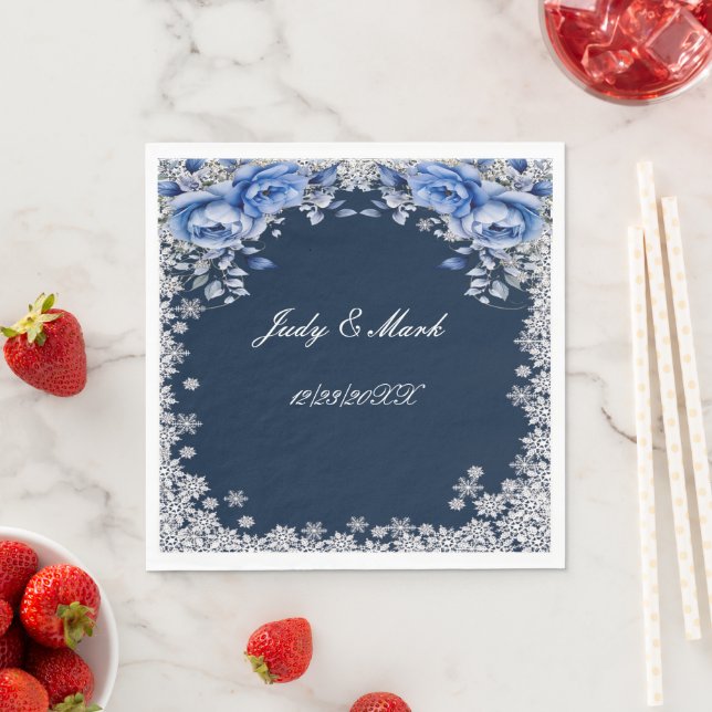 Blue Roses Snowflake Christmas Wedding Napkin (Insitu)