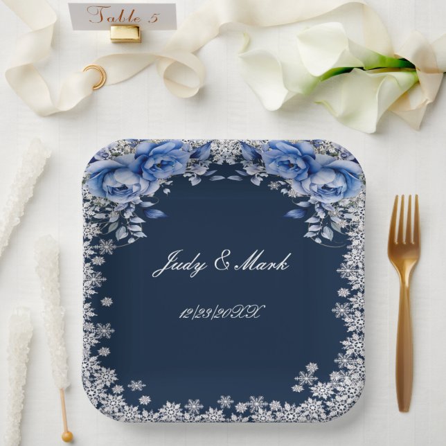 Blue Roses Snowflake Christmas Wedding Paper Plate (Wedding)