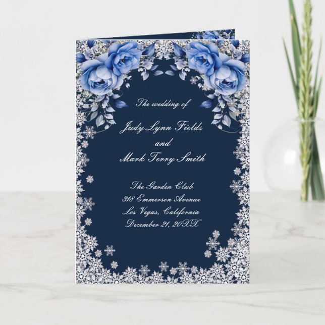 Blue Roses Snowflake Christmas Wedding Programme (Front)